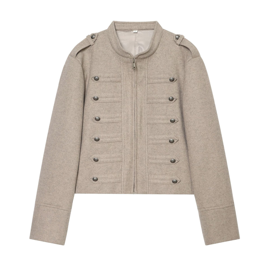 Damen nan militärisch inspirierte Wolljacke mit Stehkragen, Zierknopfleiste und Schulterklappen Drune