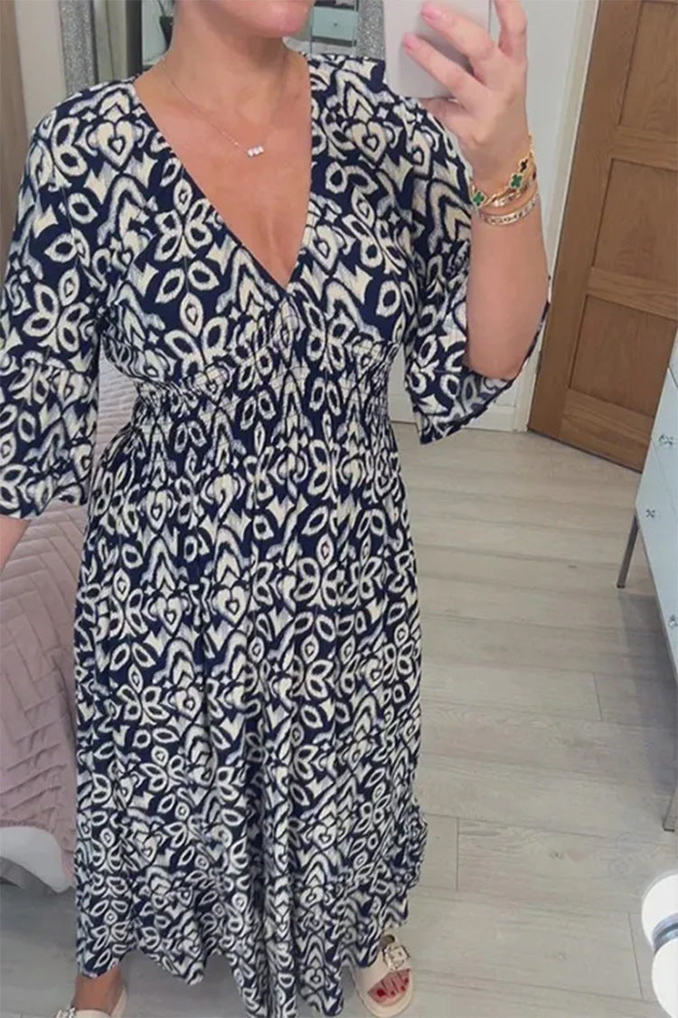 Damen Boho‑Maxikleid mit Smoktaillenband, Wickeloptik‑Dekolleté und Volantärmeln Drune