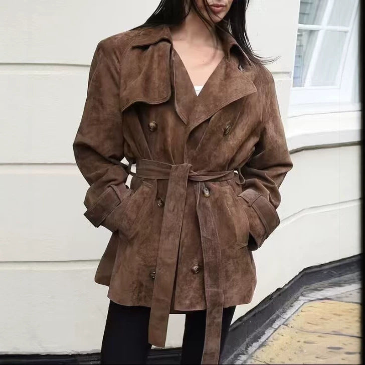 Damen Kurzer Wildleder-Trenchcoat mit Doppelreihe und Taillengürtel Drune