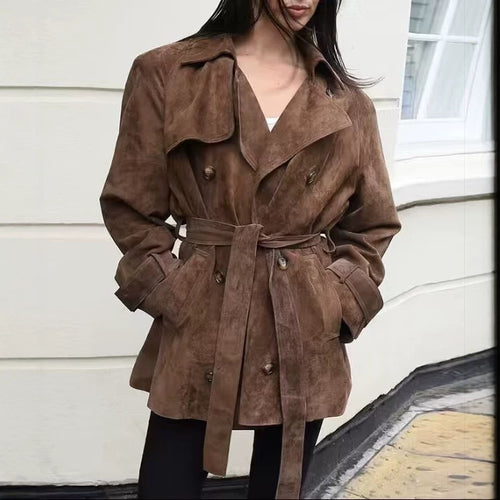 Damen Kurzer Wildleder-Trenchcoat mit Doppelreihe und Taillengürtel Drune