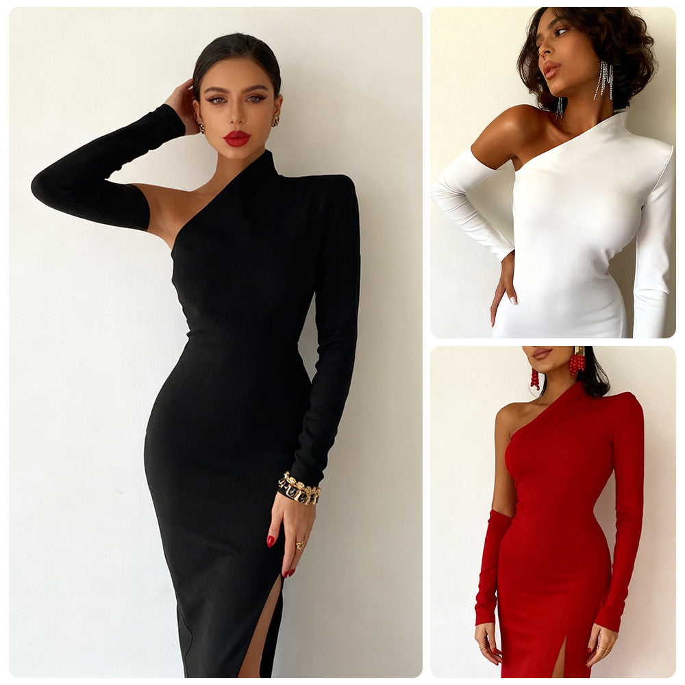 Damen Elegantes asymmetrisches Abendkleid mit hohem Schlitz und langem Arm Drune