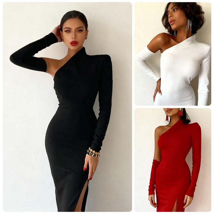 Damen Elegantes asymmetrisches Abendkleid mit hohem Schlitz und langem Arm Drune