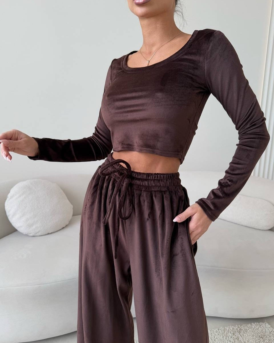 Damen Samt-Loungewear-Set mit Cropped-Langarmshirt und hoher Taillen-Palazzohose Drune
