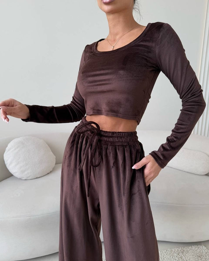 Damen Samt-Loungewear-Set mit Cropped-Langarmshirt und hoher Taillen-Palazzohose Drune
