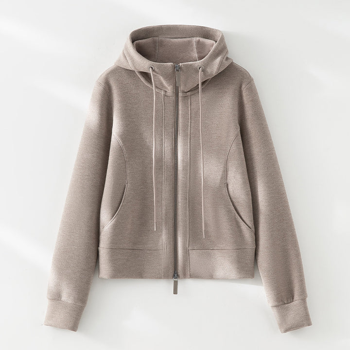 Damen Kurze Kapuzen-Sweatjacke mit Zwei-Wege-Reißverschluss und Kängurutaschen Drune