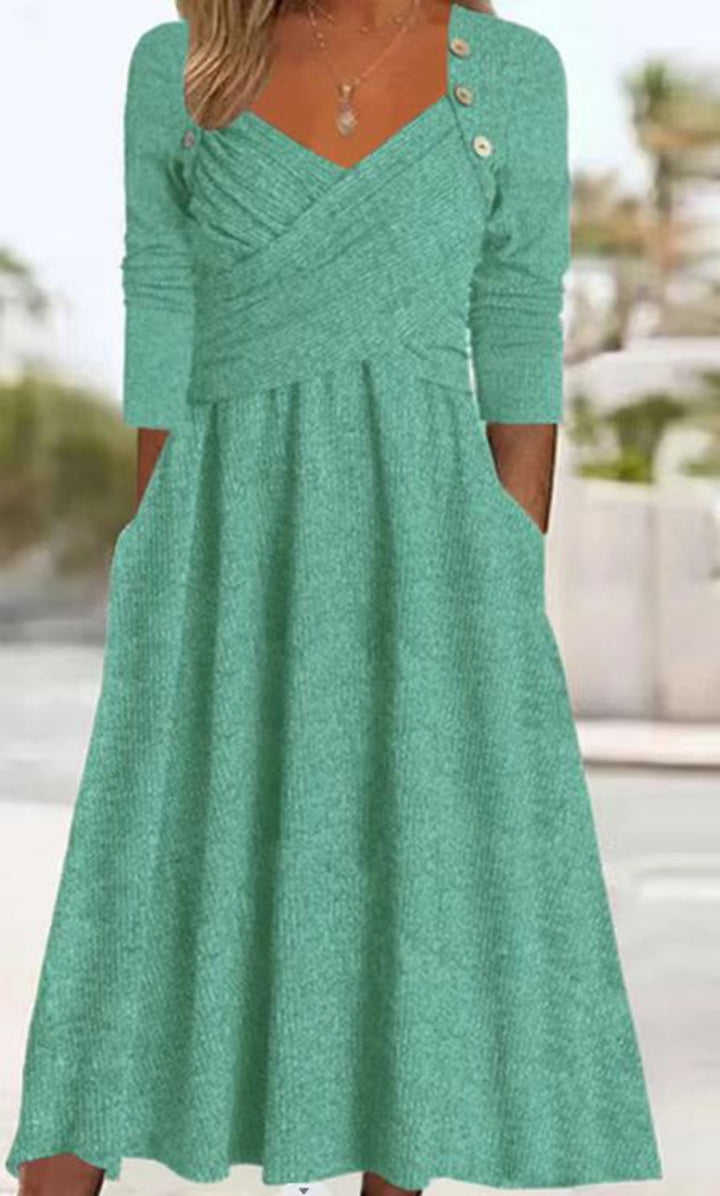 Damen nan legeres Strick-Maxikleid mit Wickeloberteil V-Ausschnitt Eingrifftaschen und Zierknopfleiste Drune