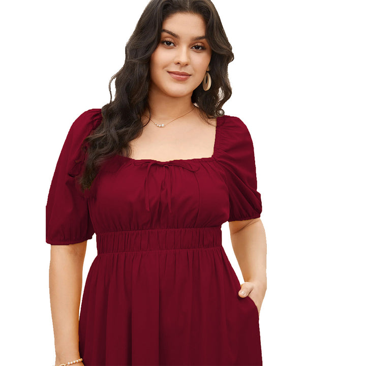 Damen elegantes Midikleid mit modischen Puffärmeln und Taillenschnürung Drune