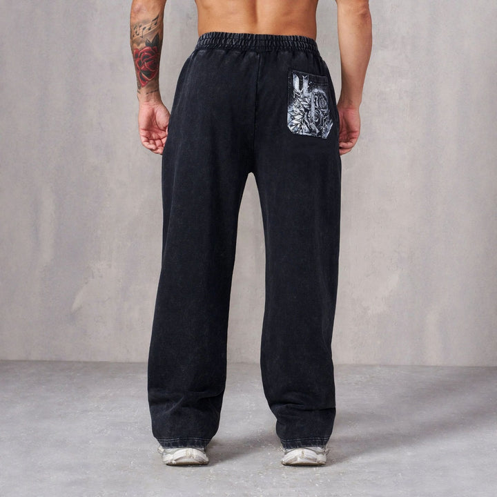 Herren nan weite Jogginghose mit elastischem Bund, Seitentaschen und detailreichem Schädel- und Rosenmotiv Drune