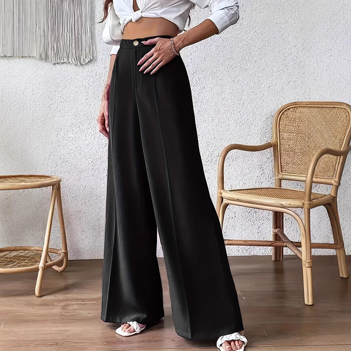 Damen weite Palazzo-Hose mit elegantem Hohe-Taillen-Schnitt und Knopf-Detail Drune