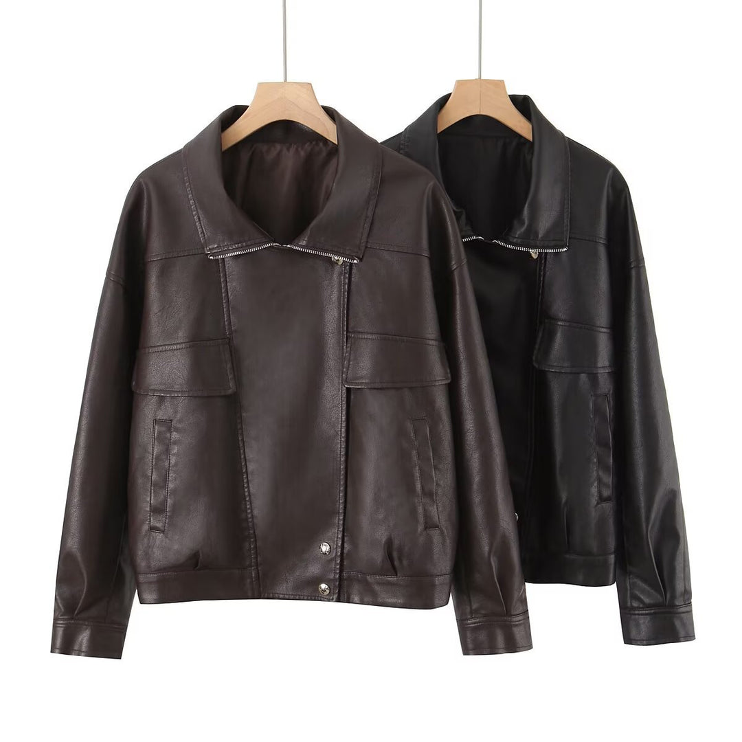Damen Kunstlederjacke mit lässigem Schnitt und praktischen Taschen Drune