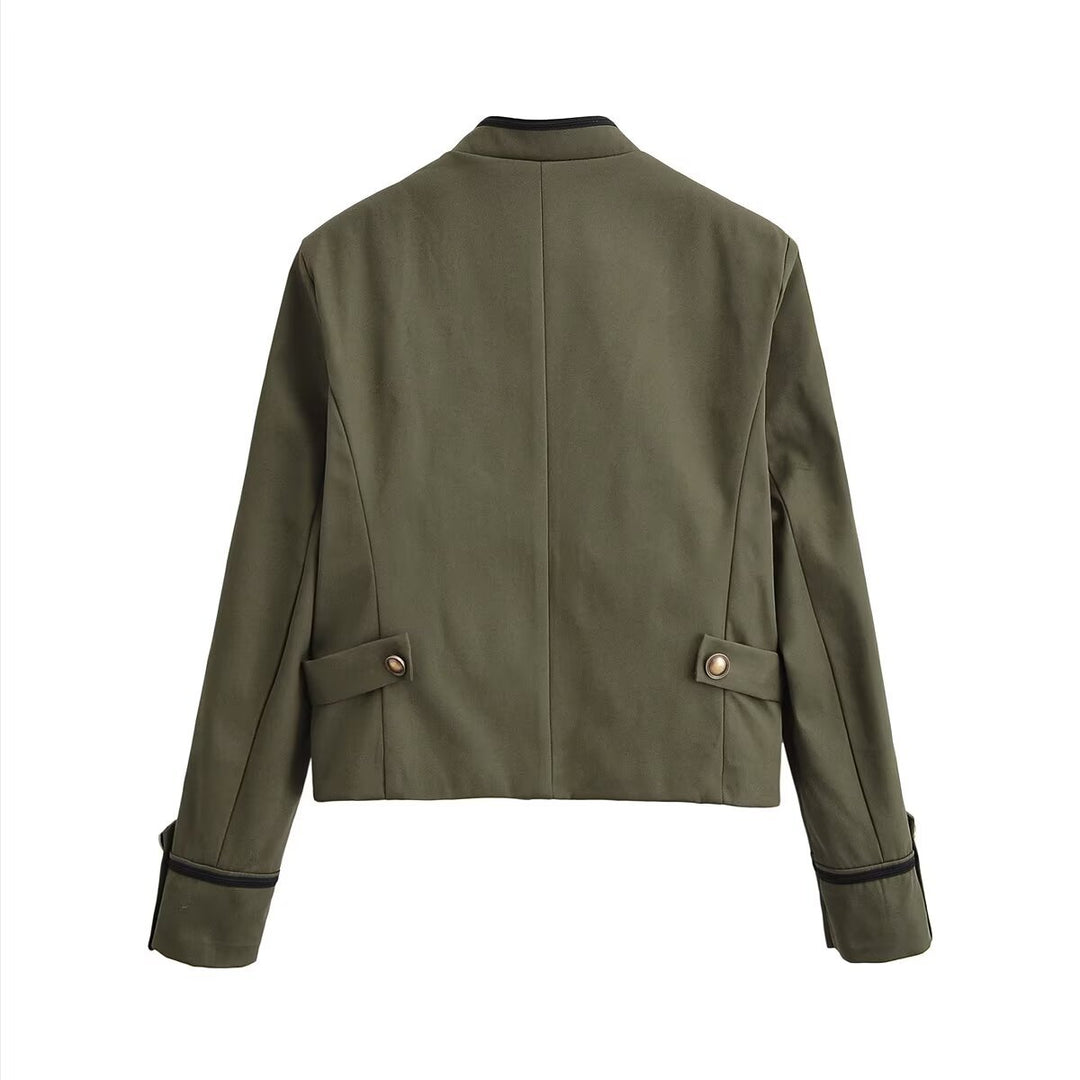Damen Militärinspirierte Kurzjacke mit Stehkragen, Zierkordeln und Goldknöpfen Drune
