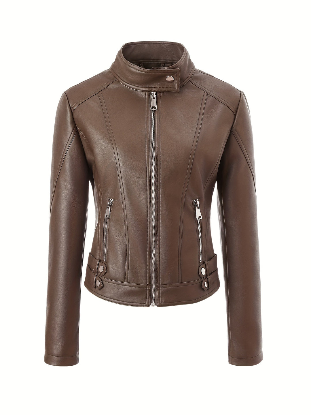 Damen Modische Kunstlederjacke mit Reißverschluss und seitlichen Taschen Drune