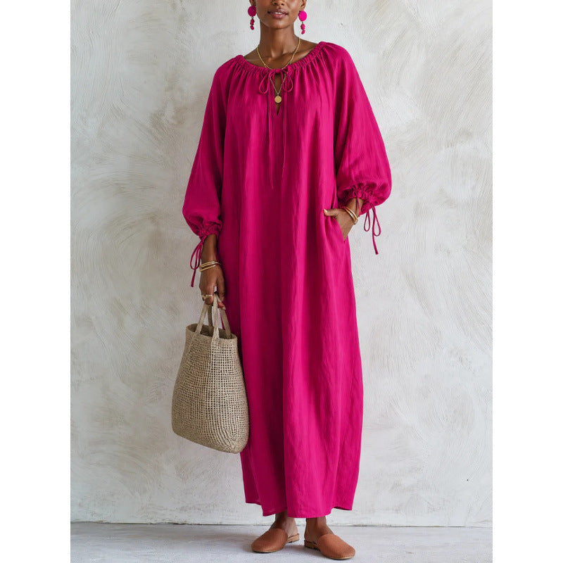 Damen Luftiges Leinenoptik-Maxikleid mit Kordelkragen, Ballonärmeln und Eingrifftaschen Drune