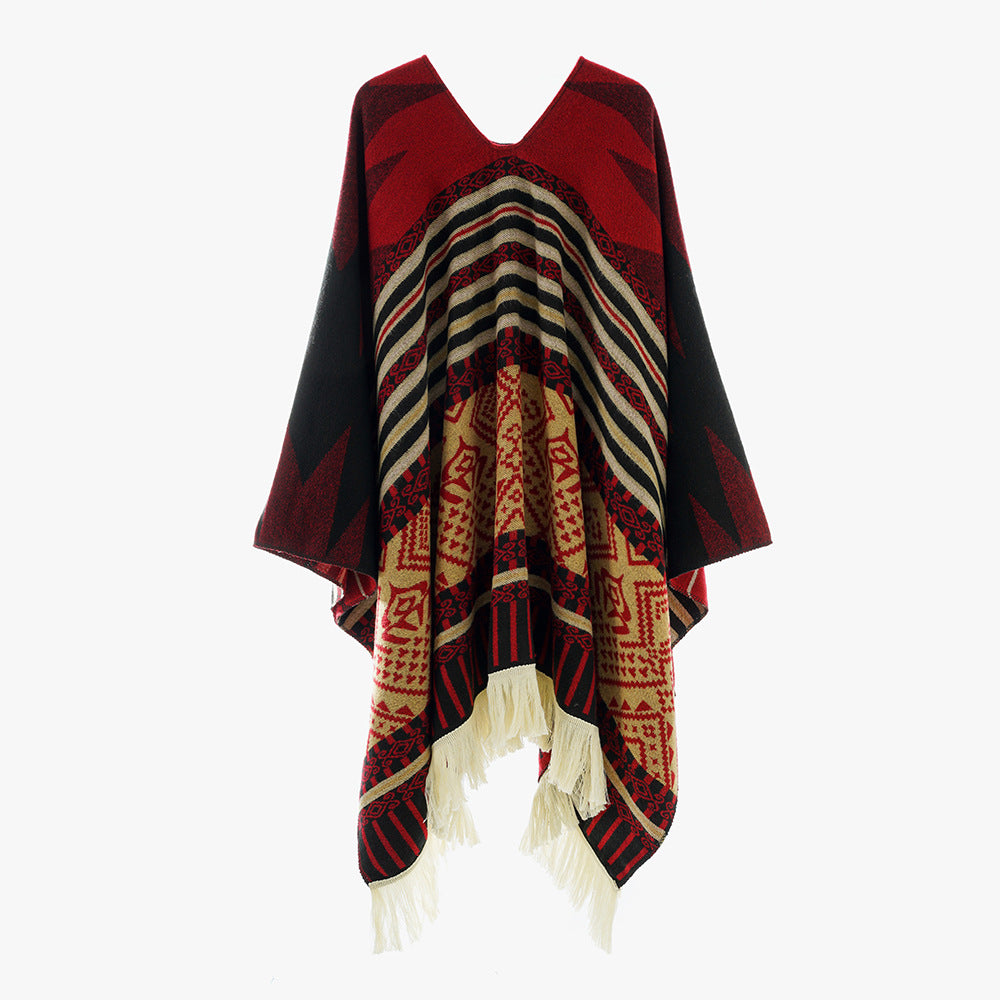 Damen Leichter Jacquard-Poncho mit Ethno-Motiv und Fransensaum Drune