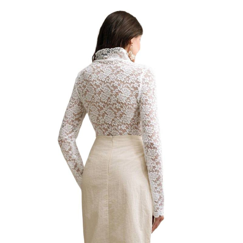 Damen Spitzenoberteil mit hohem Kragen und filigranem Blumendesign Drune