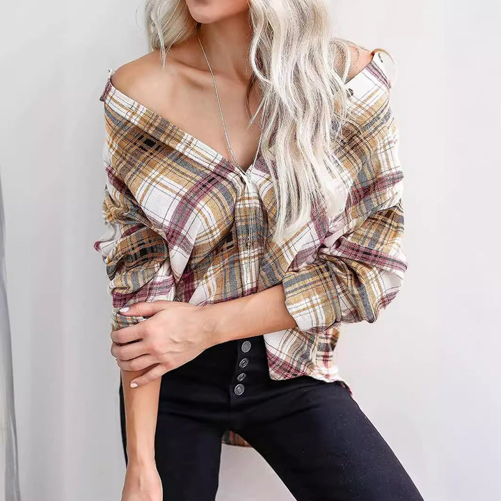 Damen oversized Karo Hemd mit tiefem Ausschnitt Drune