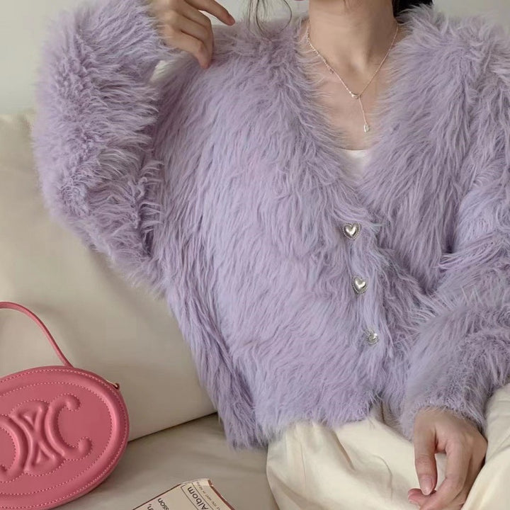 Damen Flauschiger Cardigan mit Herzknöpfen Drune