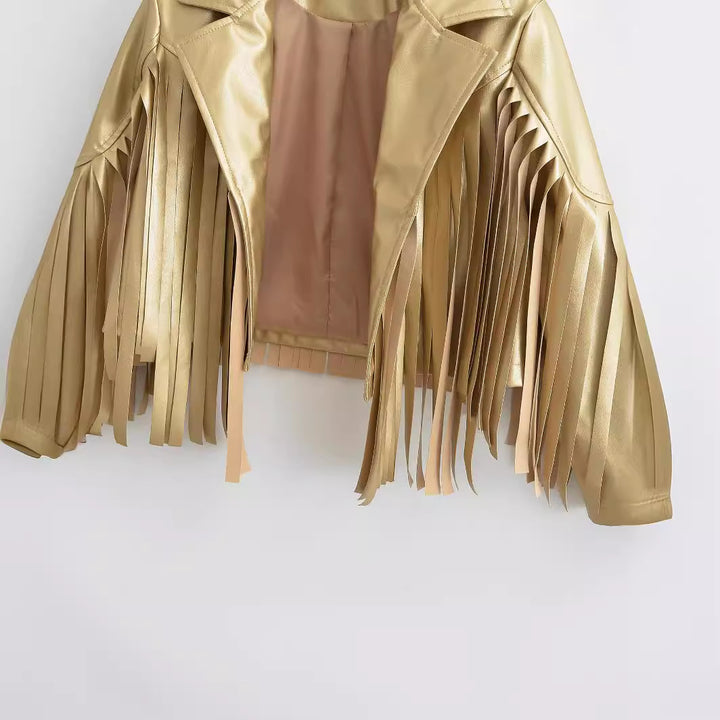 Damen Kurzjacke im Bikerstil mit Metallic‑Optik und langen Lederfransen Drune