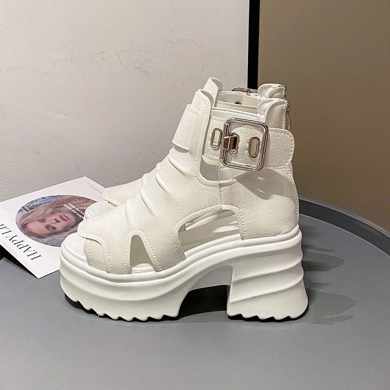 Damen nan Plateau-Sandaletten-Stiefelette mit Aussparungen offener Zehenpartie und verstellbarer Metallschnalle Drune