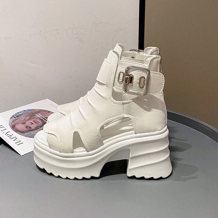 Damen nan Plateau-Sandaletten-Stiefelette mit Aussparungen offener Zehenpartie und verstellbarer Metallschnalle Drune