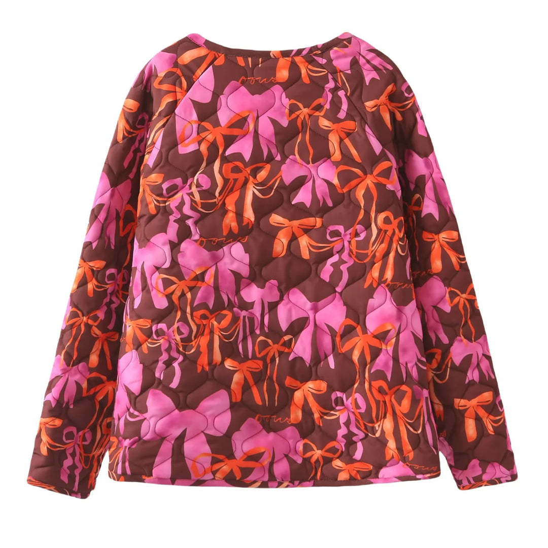 Damen nan gesteppte Jacke mit Schleifenprint, Bindeschlaufenverschluss und aufgesetzten Taschen Drune