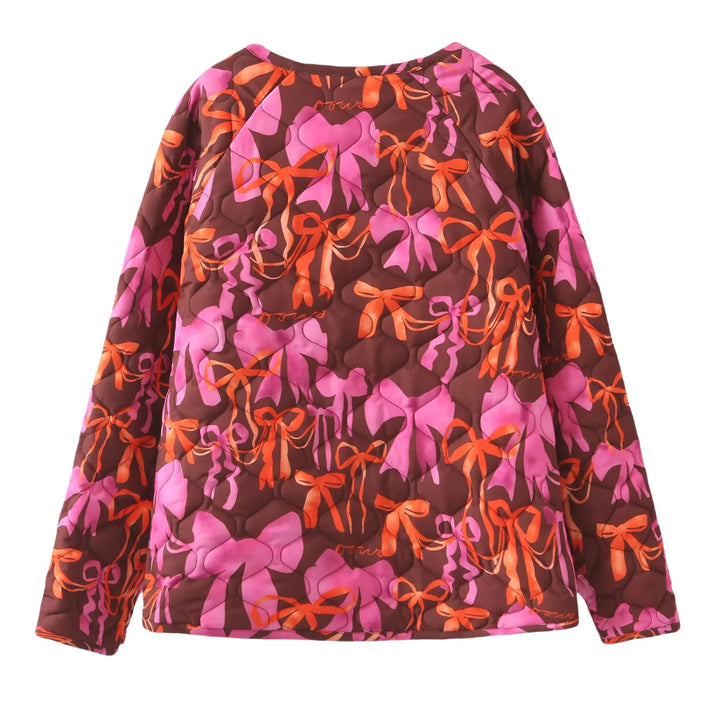 Damen nan gesteppte Jacke mit Schleifenprint, Bindeschlaufenverschluss und aufgesetzten Taschen Drune