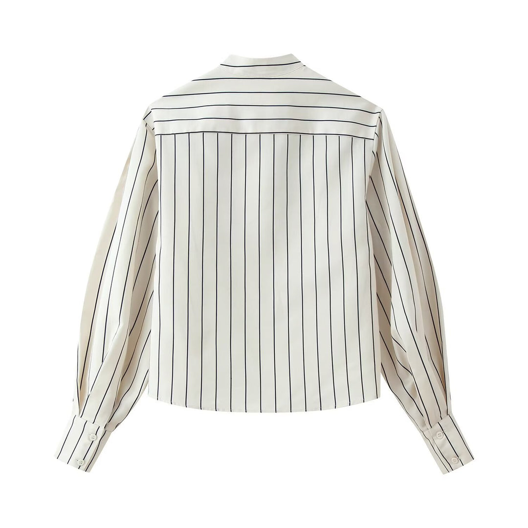Damen Gestreifte Standkragen‑Bluse mit verdeckter Knopfleiste und Ballonärmeln Drune