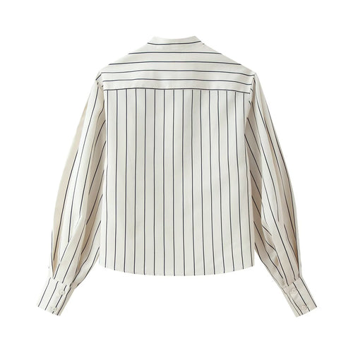 Damen Gestreifte Standkragen‑Bluse mit verdeckter Knopfleiste und Ballonärmeln Drune