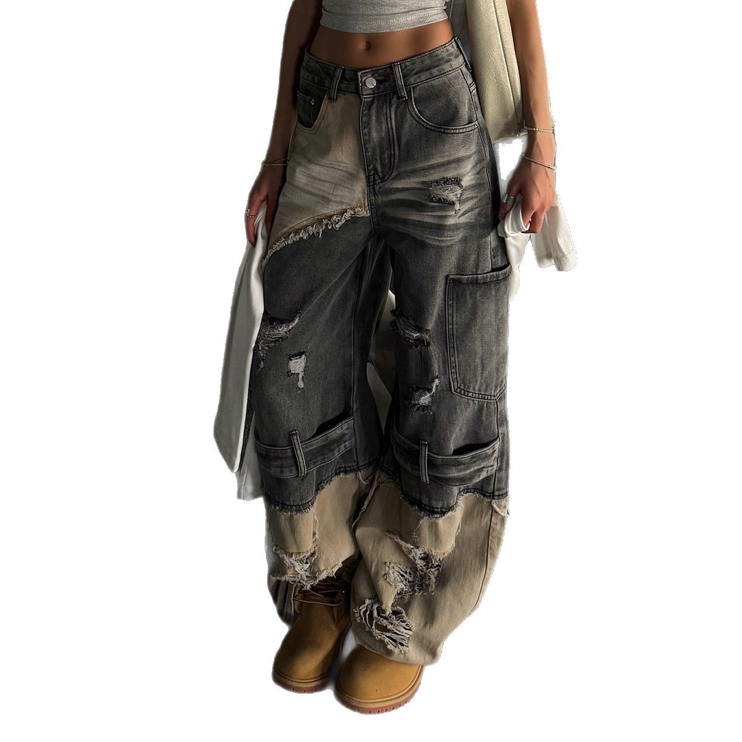 Damen Trendige Cargo-Jeans mit ausgefranstem Design und tiefem Schritt Drune