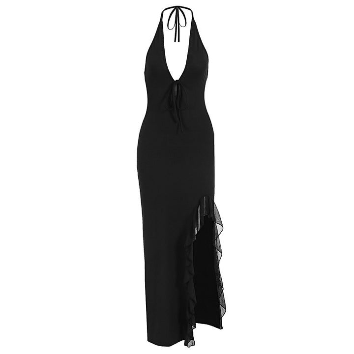Damen Elegantes Maxikleid mit lässigem Rückenausschnitt und transparenter Rüschung Drune