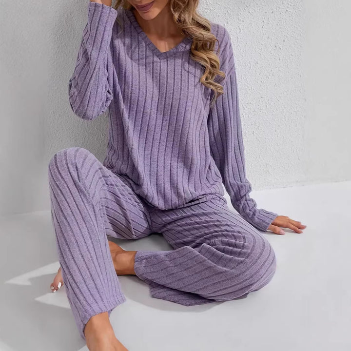Damen Zweiteiliges geripptes Lounge-Set mit V-Ausschnitt und weitem Bein Drune