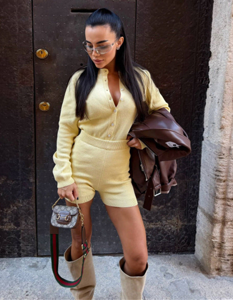 Damen Strickoverall mit Knopfleiste und kurzem Bein Drune