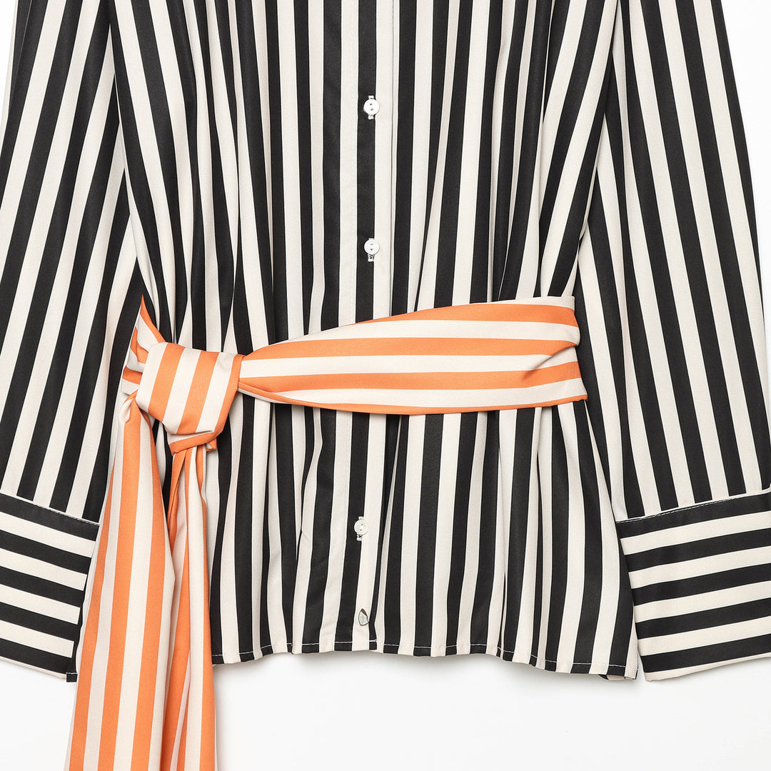Damen Oversize-Hemdbluse mit vertikalen Streifen und kontrastierendem Taillenband Drune