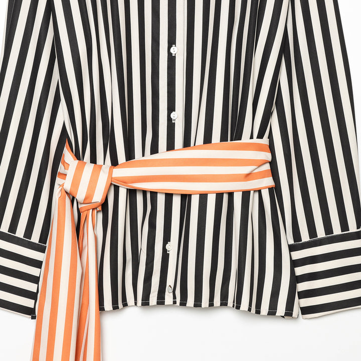 Damen Oversize-Hemdbluse mit vertikalen Streifen und kontrastierendem Taillenband Drune