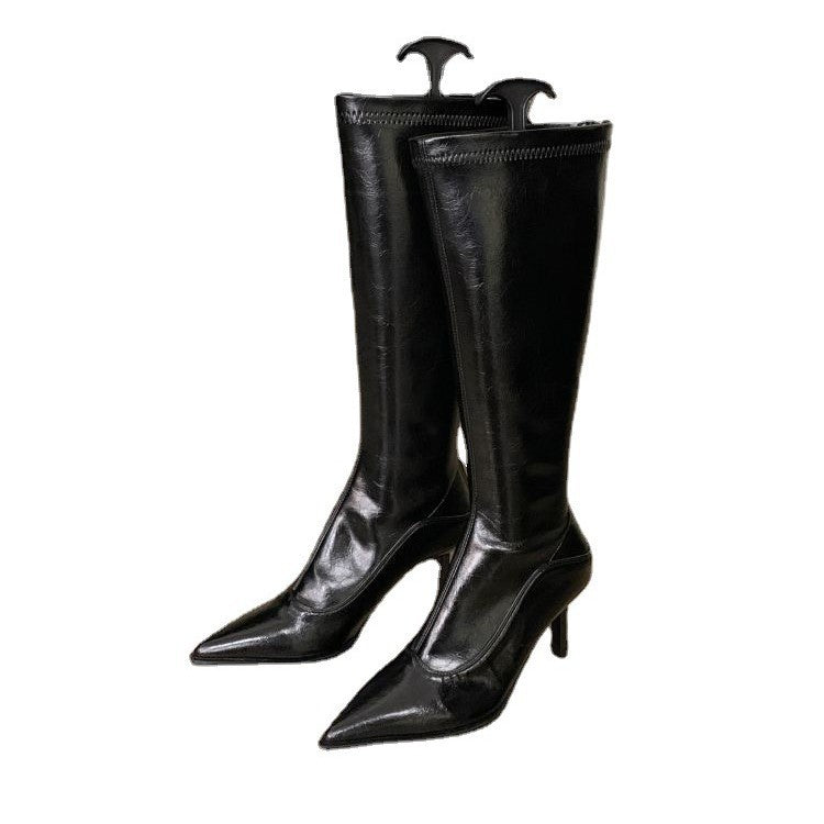 Damen elegante Overknee-Stiefel aus hochwertigem Leder mit spitzem Absatz Drune
