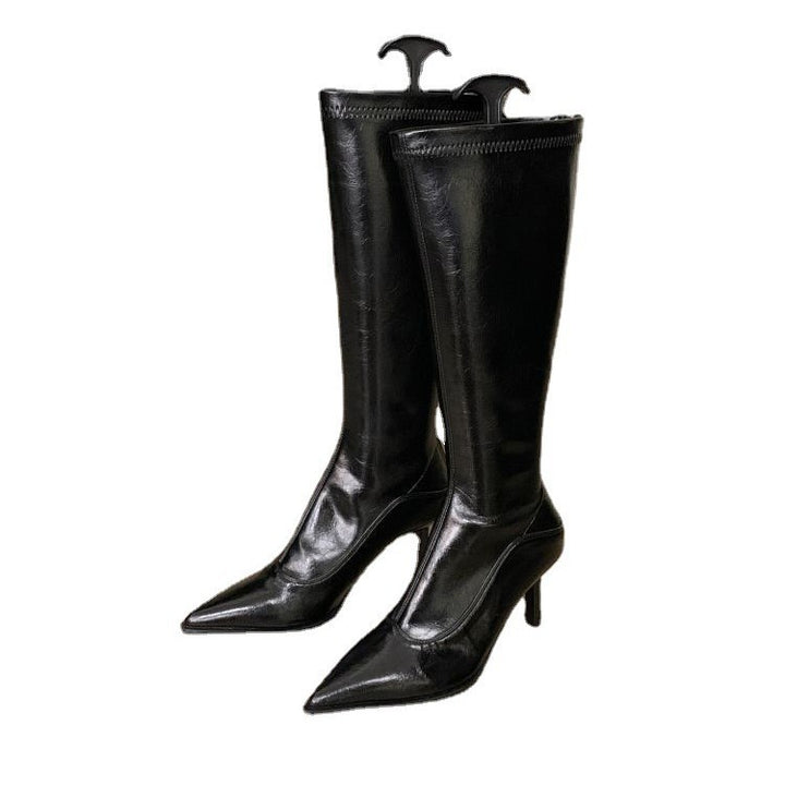 Damen elegante Overknee-Stiefel aus hochwertigem Leder mit spitzem Absatz Drune