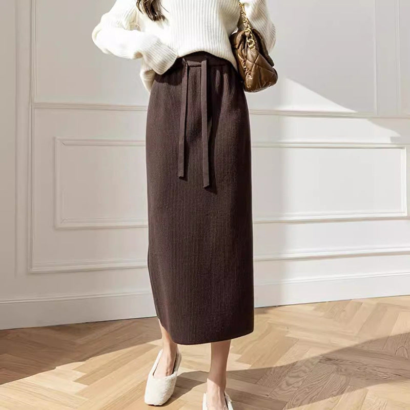 Damen Knielanger Strickrock mit Taillenband und texturiertem Design Drune