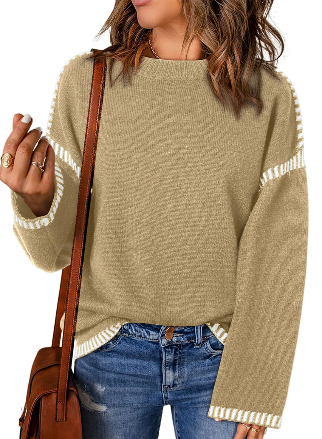 Damen Grobstrickpullover mit modischem Kontrastsaum und weiten Ärmeln Drune