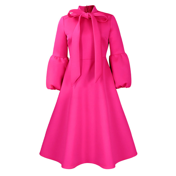 Damen Midi-Dress mit langen Puffärmeln und eleganter Schleife Drune