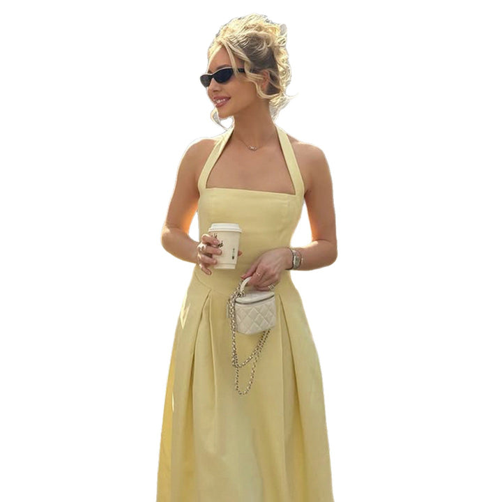 Damen elegantes A-Linien Kleid mit Spaghetti-Trägern und fließendem Saum Drune