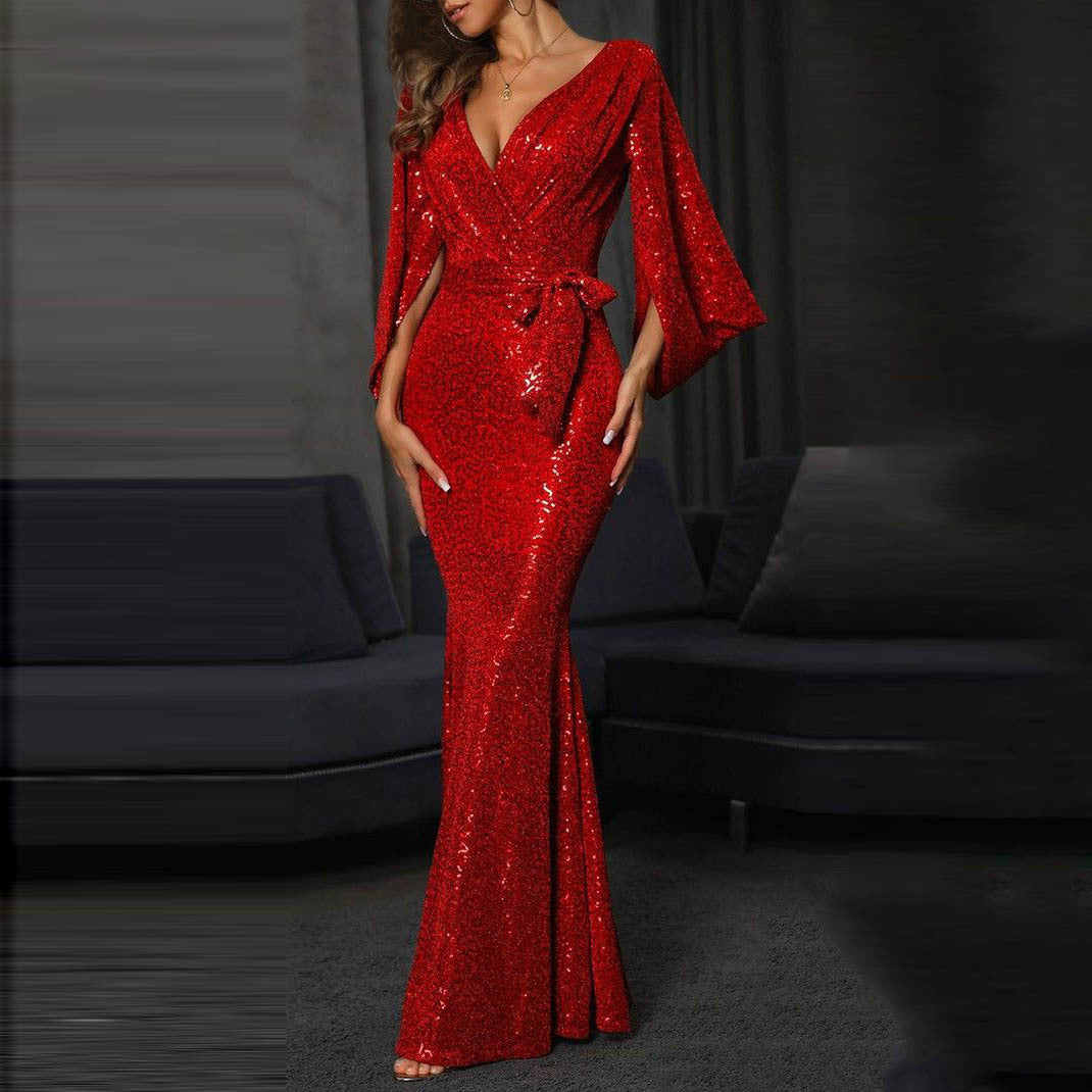 Damen Umspielendes Abendkleid mit glitzerndem Paillettenbesatz und weitem Ärmel Drune