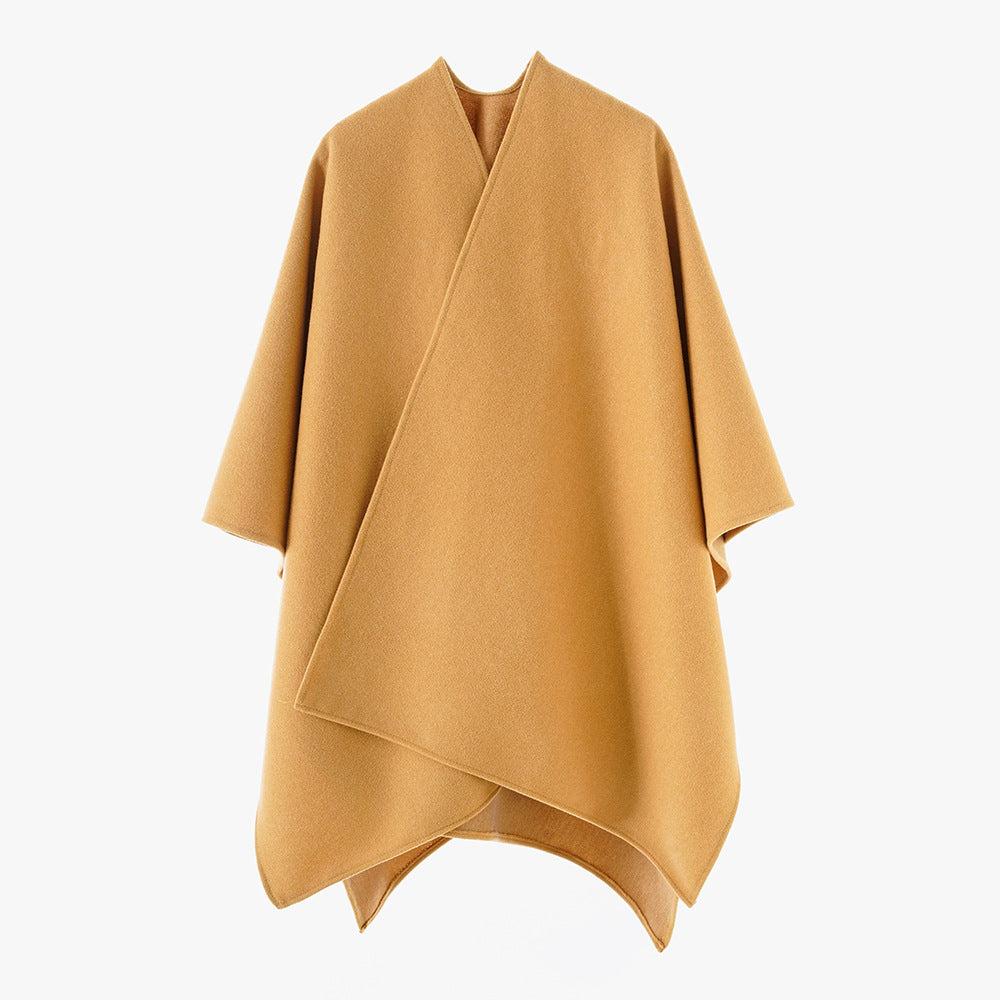Damen Minimalistischer Wickel‑Capeponcho aus Wollmix mit kastigem Oversize‑Fall Drune