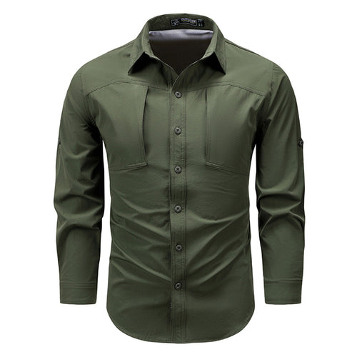 Men's  technical long-sleeve outdoor utility shirt with roll-tab sleeves concealed chest pockets and breathable mesh back Drune