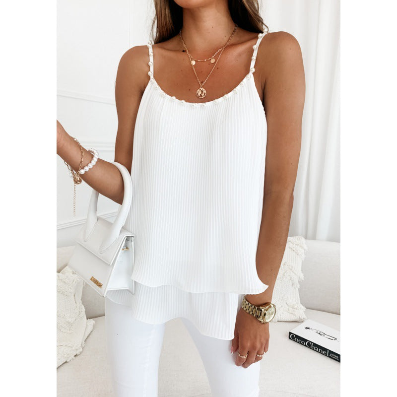 Damen Chiffon Oberteil mit feinen Plissee-Falten und dekorativen Perlen Drune