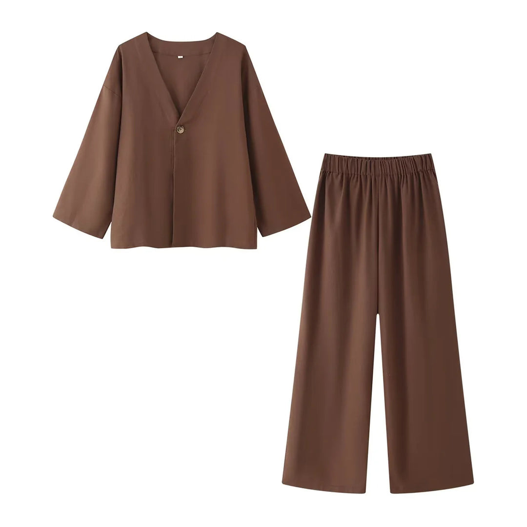 Damen nan lässiges Zweiteiler-Set mit V‑Ausschnitt Bluse und weitem Bundhose Drune
