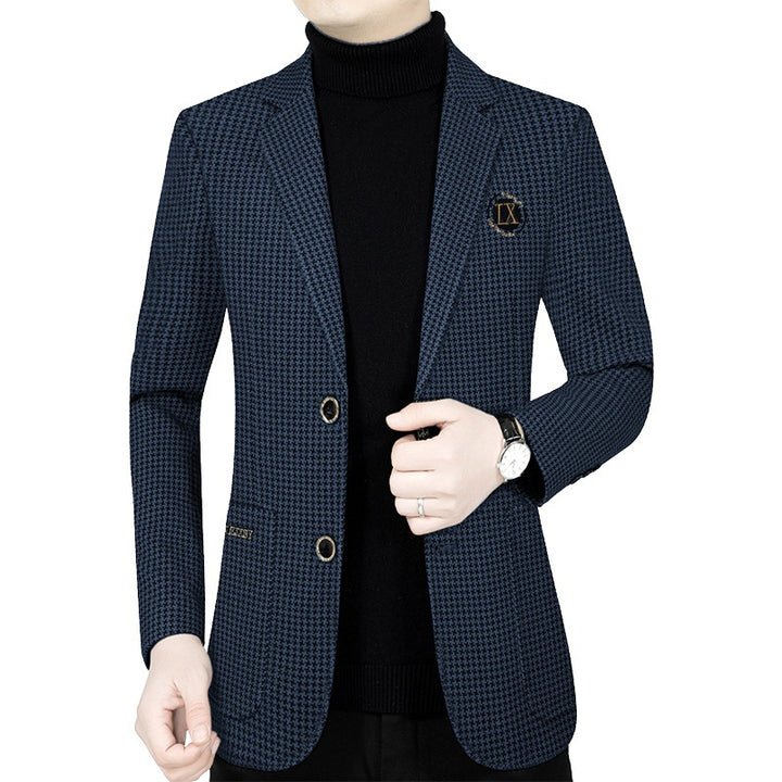 Herren Slim-Fit Sakko mit Hahnentritt-Muster und Wappen-Emblem Drune