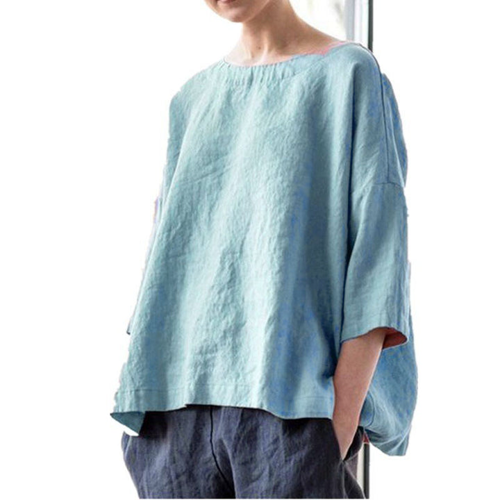 Damen Oversized Leinenbluse mit weitem Boxy‑Schnitt, U‑Boot‑Ausschnitt und 3/4‑Ärmeln Drune