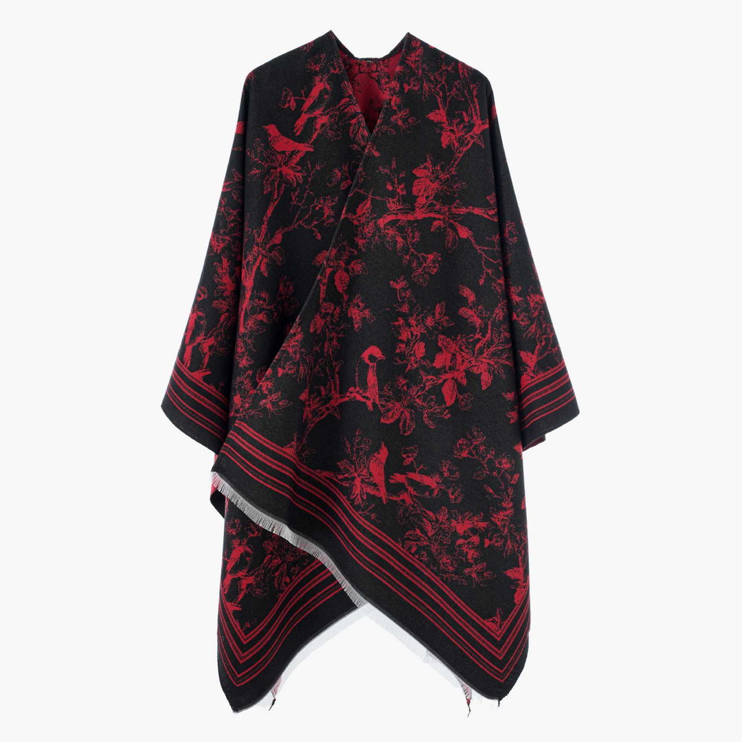 Damen Offener Jacquard‑Kaftanponcho mit Vogel‑ und Blumenmotiv Drune