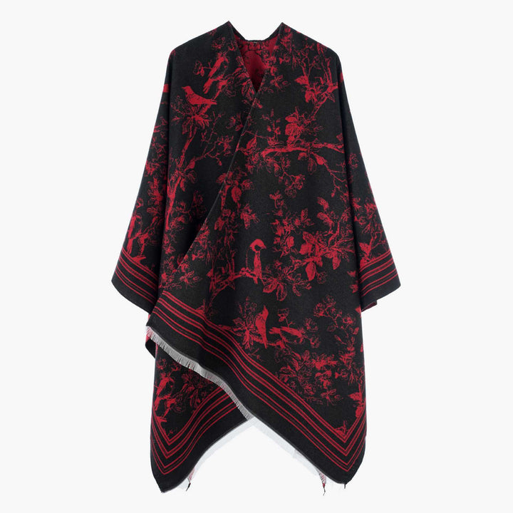 Damen Offener Jacquard‑Kaftanponcho mit Vogel‑ und Blumenmotiv Drune