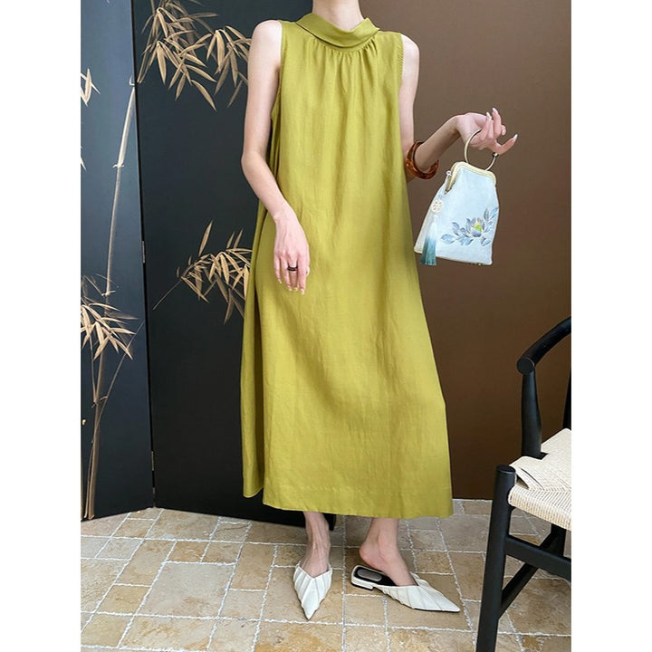 Damen Maxikleid mit hochgeschlossenem Kragen und fließendem Schnitt Drune